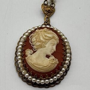 Antique W Germany Cameo With Ornate Chain Brass Pendant Pearl Chain